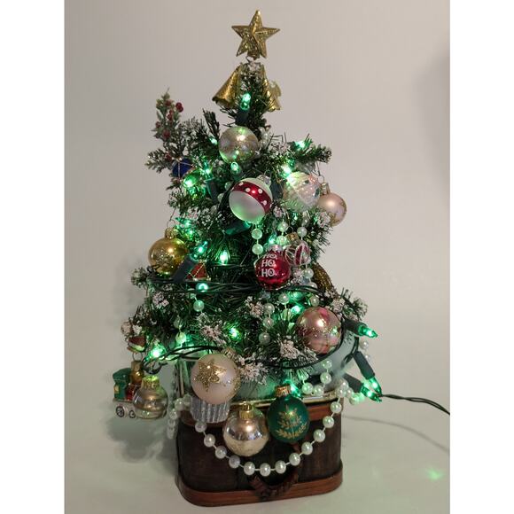 Decorated Tabletop Christmas Tree 14″ with Collectible Glass Ornaments & Lights - Picture 1 of 15